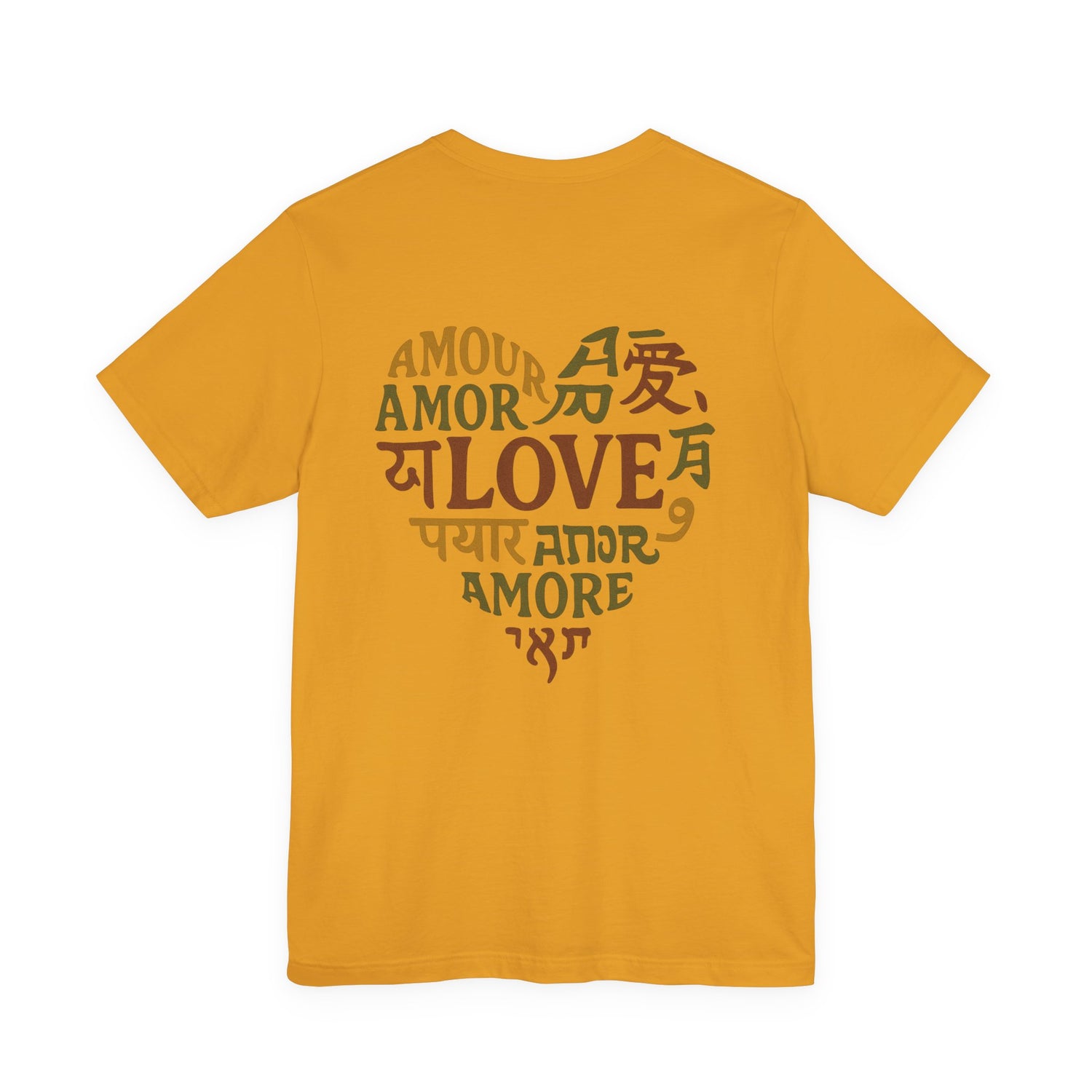Minimalist organic cotton t-shirt with multilingual love heart design - [COLOR] - interconnected typography on natural fabric for conscious living"
