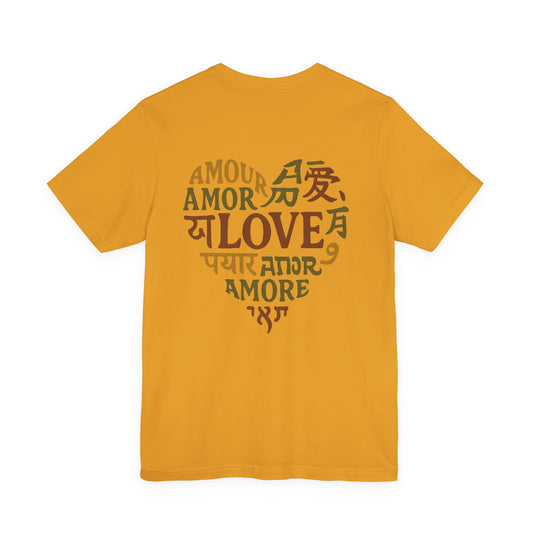 Minimalist organic cotton t-shirt with multilingual love heart design - [COLOR] - interconnected typography on natural fabric for conscious living"
